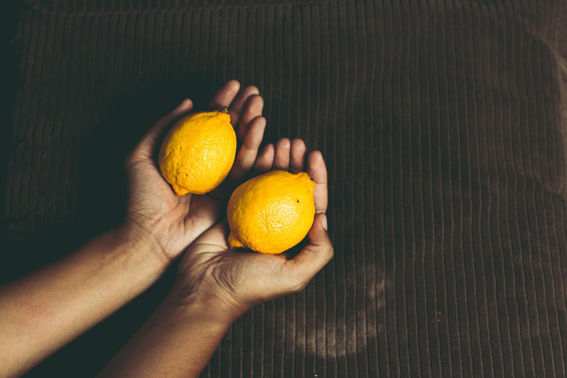 Close-up of two fresh lemons held in cupped hands on a brown surface